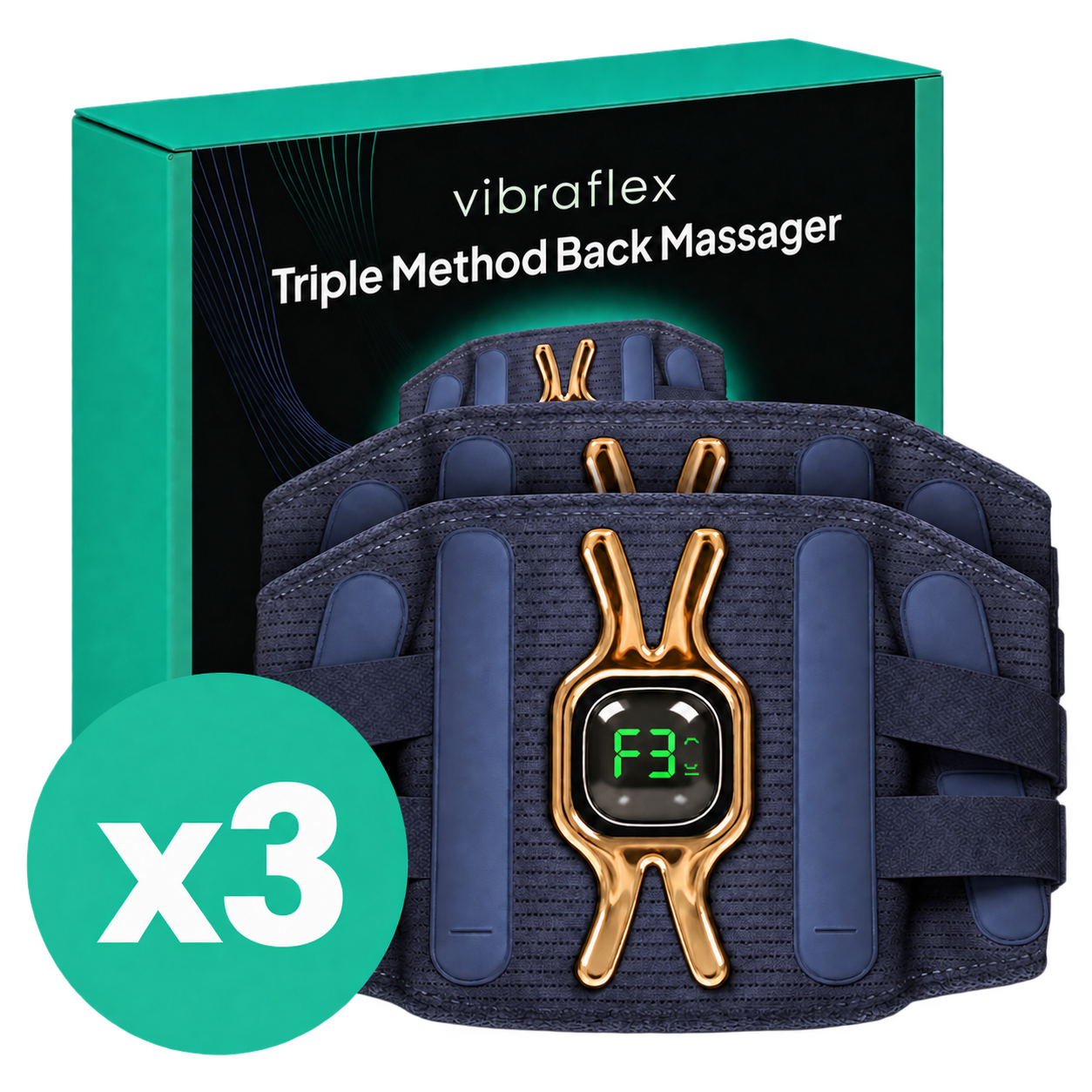 Three Vibraflex back massagers and packaging