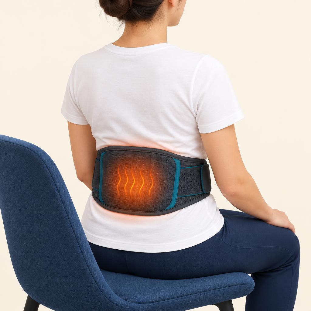 Heated back massager belt worn on the lower back over a t-shirt while seated